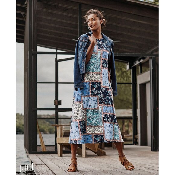 J. Jill | Floral Patchwork Maxi Dress w/ Pockets in Blue Multi | Small Petite - Picture 1 of 11